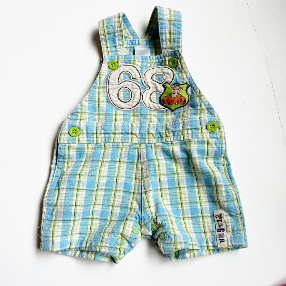 Vintage Tiger Disney Blue and Green Plaid Kids Overall Shorts Size 3 Months